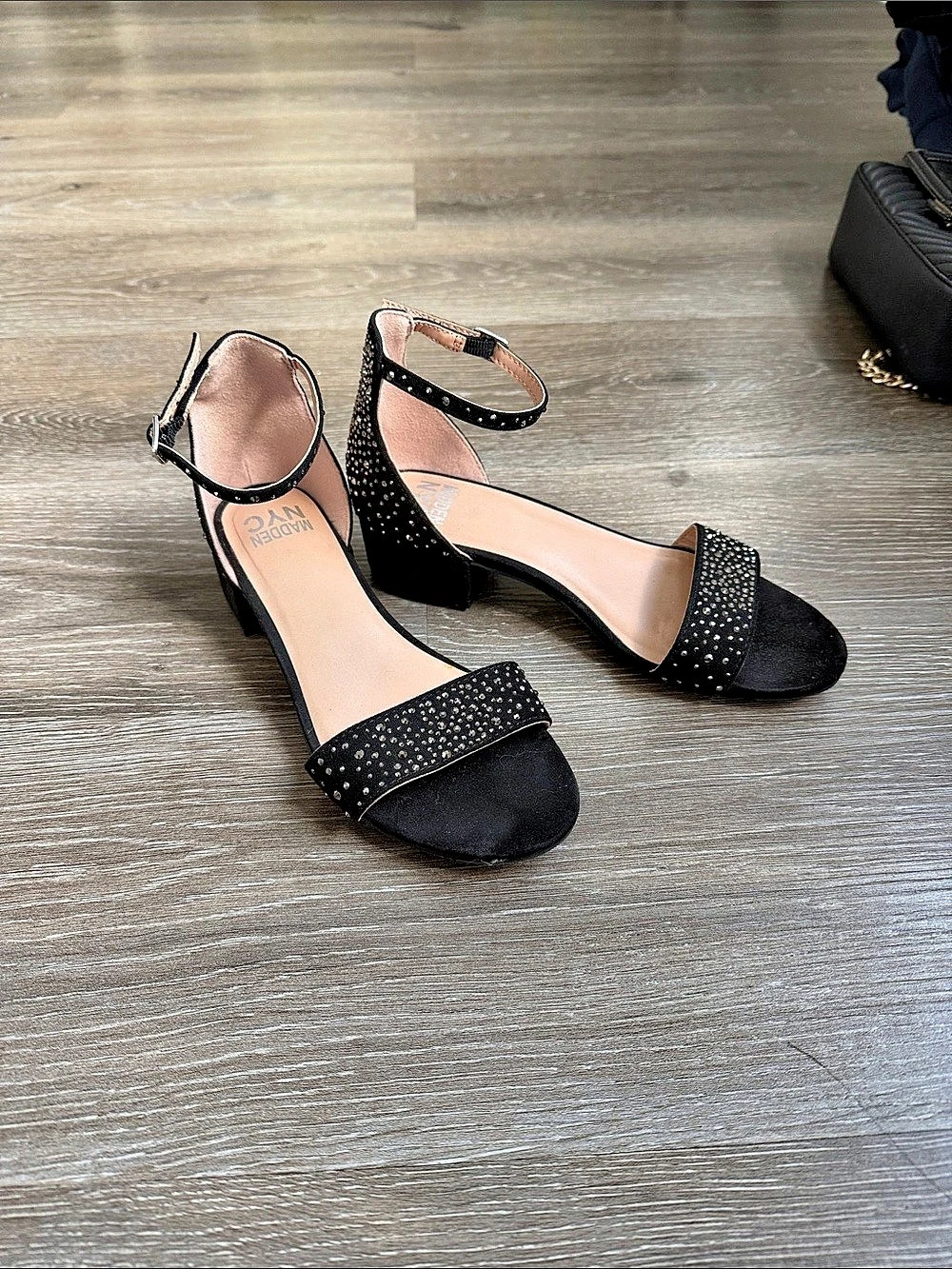 Madden NYC Block Heel City Sandals with Rhinestones Black